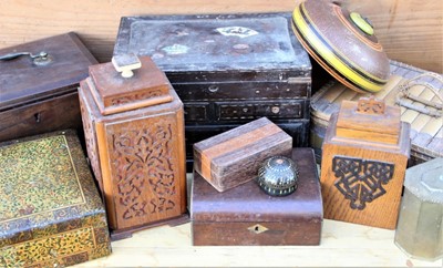 Lot 1786 - Group of 19th century and later decorative boxes including Japanese lacquered table cabinet, Georgian elm strong box and others