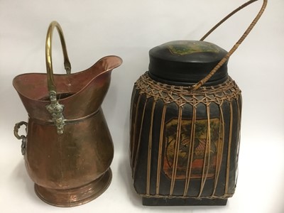 Lot 300 - Large copper coal scuttle, together with an Indian papier mache vessel and cover