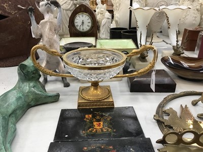 Lot 208 - French Empire-style cut glass and ormolu mounted dish, ormolu mounts, agate dish, pair glass cornucopia , Lancet cased clock and decorative items