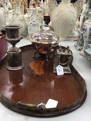 Lot 211 - Late Victorian silver plated table lighter of classical pedestal form, another classical pedestal urn ,Arts and Crafts plated soup tureen and cover and Edwardian tray (4)