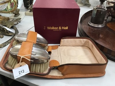Lot 212 - Pair silver backed hairbrushes in fitted pigskin case and original Walker and Hall box