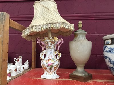 Lot 220 - French porcelain  table lamp with ornate shade and alabaster lamp (2)