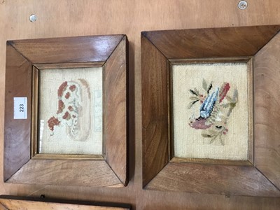 Lot 223 - Two 19th century embroidered pictures of dog and parrot in frames, pair botanical watercolour studies in maple frames and a coaching print in rosewood frame (5)