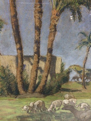 Lot 224 - 19th century pastels, Animals at Oasis, signed with monogram