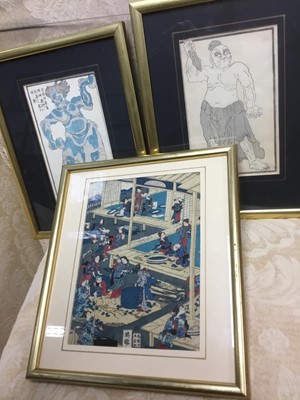 Lot 353 - Japanese woodcut print on crepe paper, together with two further prints