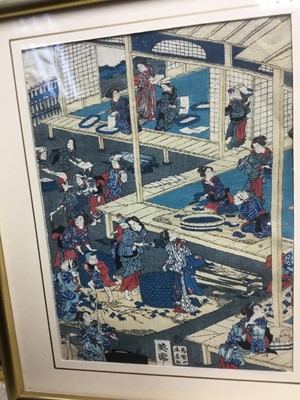 Lot 353 - Japanese woodcut print on crepe paper, together with two further prints
