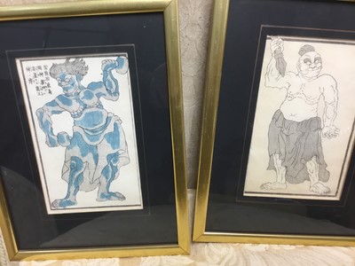Lot 353 - Japanese woodcut print on crepe paper, together with two further prints