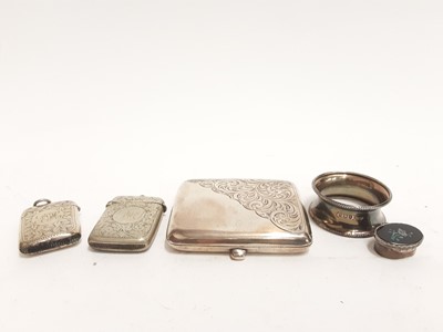 Lot 391 - Silver cigarette case, silver napkin ring, small silver pill box, two plated vesta cases and a wooden box