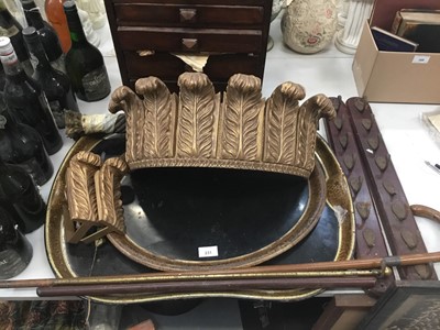 Lot 231 - Two 19th century toleware trays , bed crown cresting , stick racks and sundries