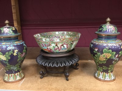 Lot 361 - 19th century Chinese canton porcelain bowl on wooden stand and pair of cloisonne vases and covers