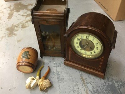 Lot 364 - Edwardian mahogany mantel clock, together with a smokers cabinet and  pipes