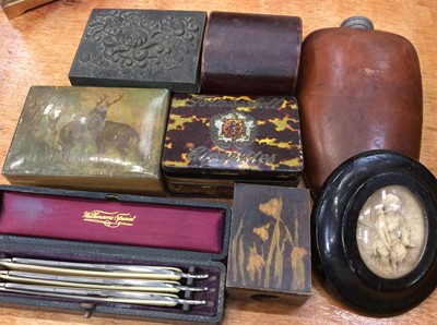 Lot 622 - Group silver plated cutlery and flat ware, leather covered hip flask, cut throat razor set in case, empty trinket boxes, tea ware and sundries