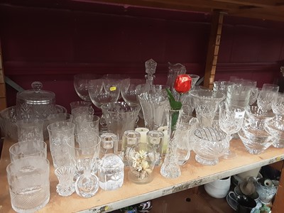 Lot 394 - Selection of Crystal plus and other glassware including Stuart and Edinburgh, plus a Waterford Crystal and plated cake slice - 2 shelves