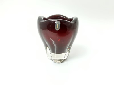 Lot 395 - Whitefriars Ruby red molar vase with original label, and a selection of various coloured glass