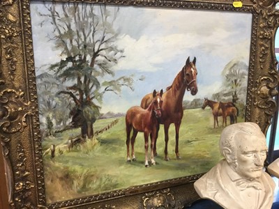 Lot 492 - Contemporary oil on board of Horses in a field