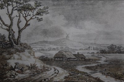 Lot 1284 - Jean Baptiste Claude Chatelian (1710-1771) pen and watercolour, landscape with a river and a girl seated at the roadside 13cm x 18cm