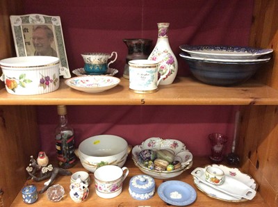 Lot 497 - Decorative ceramics including Royal Worcester, Wedgwood Jasperware, Spode cup, glassware, various egg ornaments and bottle filled with contemporary marbles