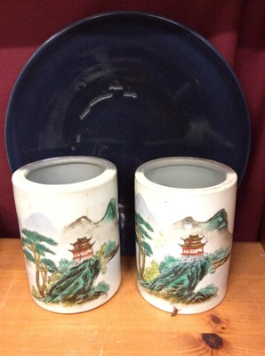 Lot 499 - Pair Chinese ceramics brush pots with landscape and building decoration, together with a blue glazed dish (3)