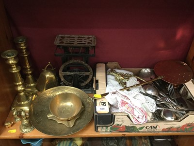 Lot 500 - Pair of brass candlesticks, postal scales, plated cutlery and sundries