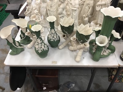 Lot 375 - Collection Victorian green and white bisque porcelain ware comprising three pairs of vases and two contre vases ( 8)