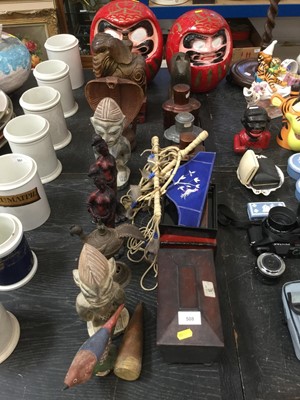 Lot 508 - Chinese pewter tea canister together with another tea canister, Chinese figures, mahogany tea caddy and other items