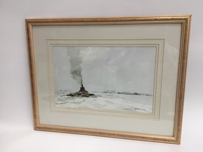 Lot 403 - Edward Wesson (1910-1983) - watercolour in glazed frame - Tug at sea with coastline beyond,  image size 31cm x 49cm