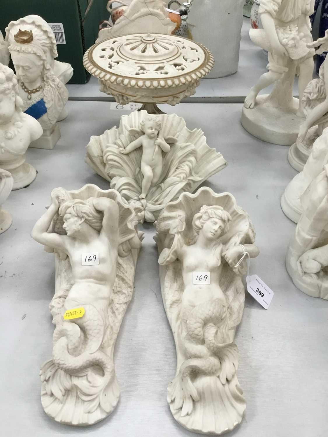 Lot 389 - Pair Victorian probably Minton Parian Merman and Mermaid wall brackets , Copeland wall pocket and Popouri vase (4)