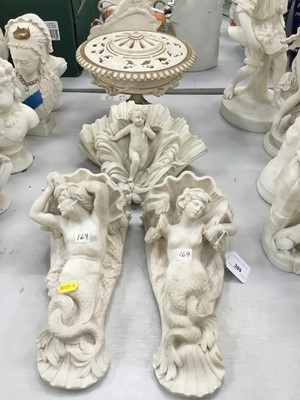 Lot 389 - Pair Victorian probably Minton Parian Merman and Mermaid wall brackets , Copeland wall pocket and Popouri vase (4)