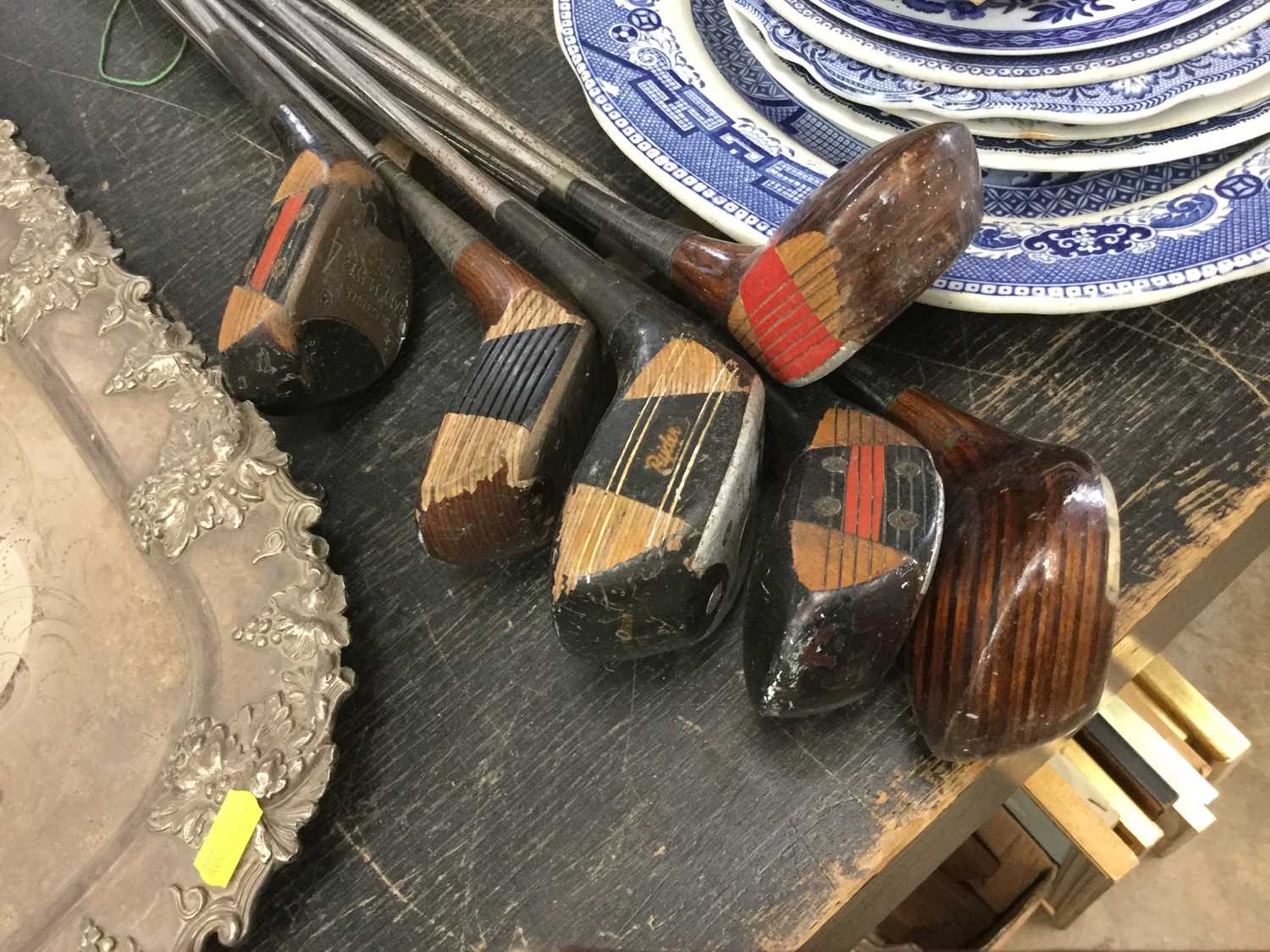 Lot 525 - Collection of antique wooden golf clubs together with two brass headed putters, including Fred Smith, Slazenger and others (8)