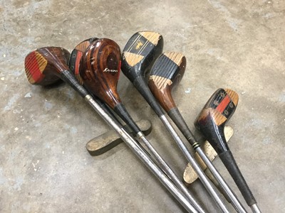 Lot 525 - Collection of antique wooden golf clubs together with two brass headed putters, including Fred Smith, Slazenger and others (8)