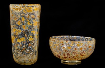 Lot 159 - Unusual large Aventurine art glass/studio glass vase with gold foil design, together with a matching bowl