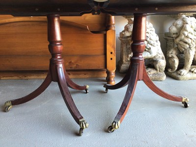 Lot 18 - Good quality George III style mahogany dining table and six chairs by Redman & Hales of Hatfield Peveral, comprising a twin pedestal dining table with one extra leaf together with a set of six Geor...