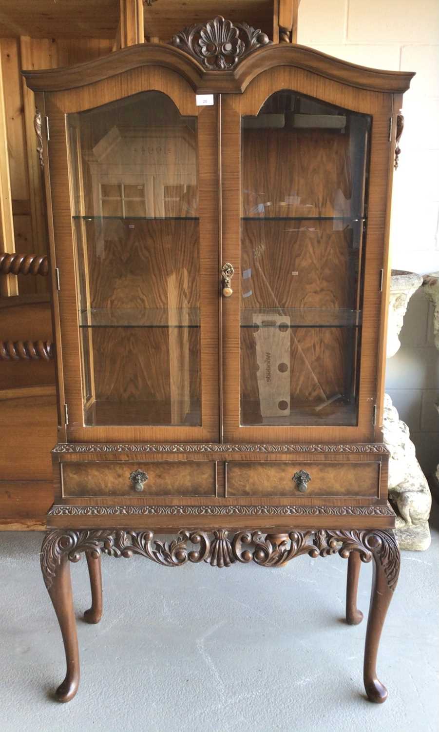 Lot 20 - Good quality Georgian style mahogany display cabinet with two drawers, carved apron on cabriole legs