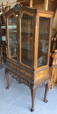 Lot 20 - Good quality Georgian style mahogany display cabinet with two drawers, carved apron on cabriole legs