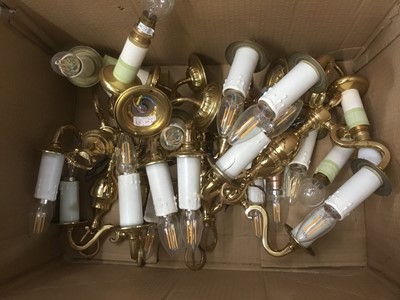 Lot 417 - Collection of brass wall lights, together with globular lamp, pair of white painted iron candlesticks, other items