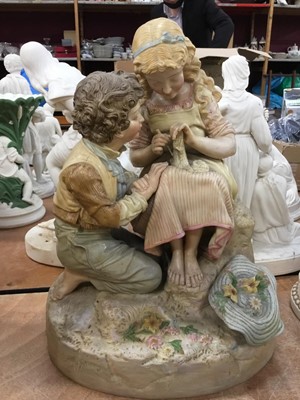 Lot 435 - Four Victorian polychrome Parian porcelain figure group with dogs and children