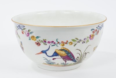 Lot 155 - 18th century Meissen porcelain bowl with polychrome painted exotic birds, butterflies and flowers, crossed swords mark, 16.5cm diameter