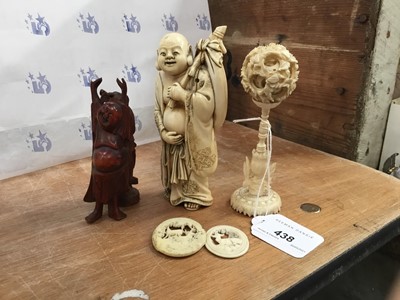 Lot 438 - Late 19th century Japanese carved ivory figure, Chinese ivory concentric ball on stand and other items (6)