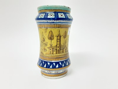 Lot 154 - 19th century Italian maiolica albarello, painted with a scene containing birds and a rabbit, patterned bands on either side, 20.5cm height