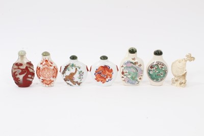 Lot 815 - Chinese ivory snuff bottle, Peking glass snuff bottle, and five porcelain snuff bottles