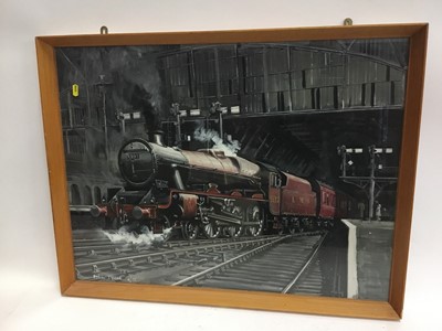 Lot 573 - Paul Francis Twine (1930-2000) oil on board depicting LMS steam train leaving the station, signed and dated 4/78.