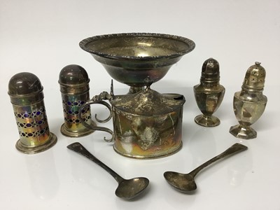 Lot 556 - Two pairs of silver pepperettes, Victorian silver mustard pot with engraved armorial, pair of Georgian silver salt spoons and a sterling silver bon bon dish with filled pedestal, 6.5ozs of weighabl...