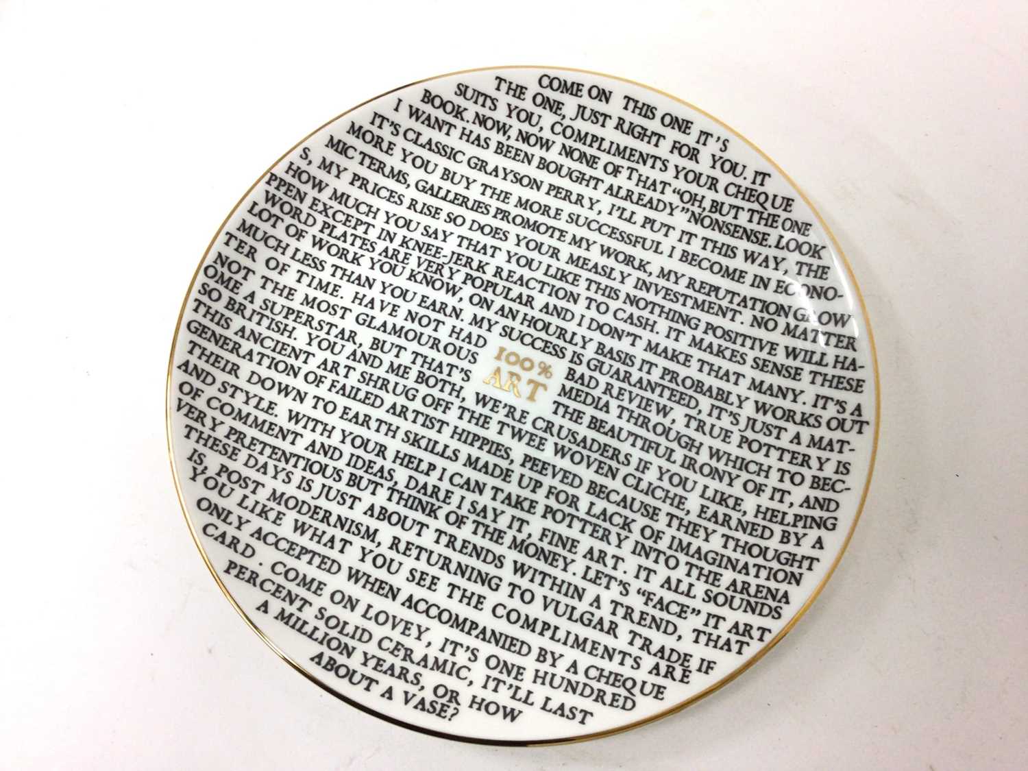 Lot 1056 - *Grayson Perry RA (b.1960) '100% Art Plate', 2020, fine china plate, with artist's seal printed to base, produced for The Sainsbury Centre, Norwich, diameter 21cm
