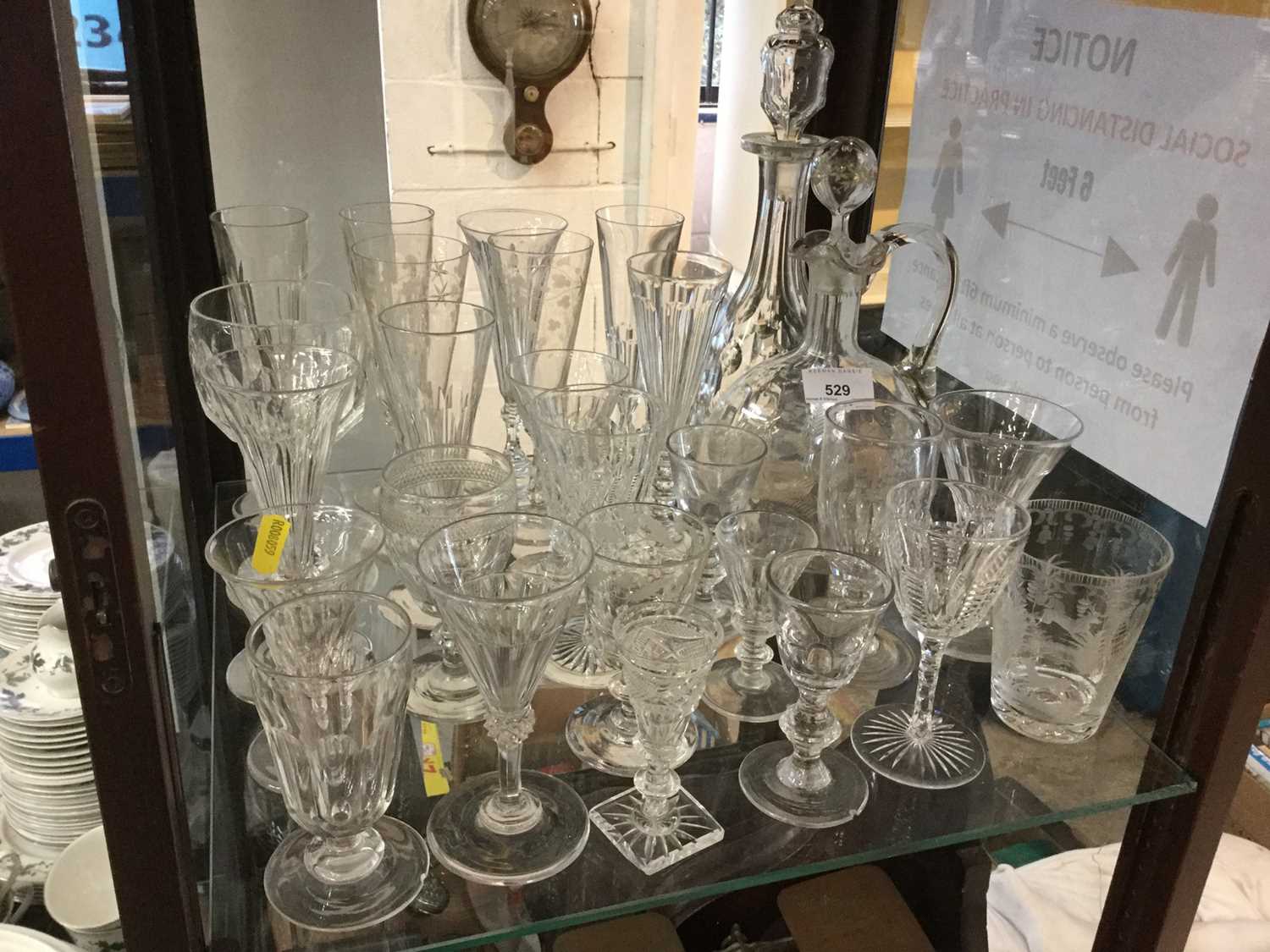 Lot 529 - Group of antique glassware to include cut glass decanter and other antique drinking glasses