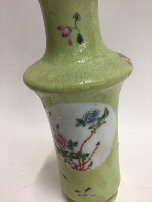 Lot 591 - Chinese famille rose porcelain vase, on a lime green sgraffito ground, four-character mark to base, converted to a lamp, 32cm height