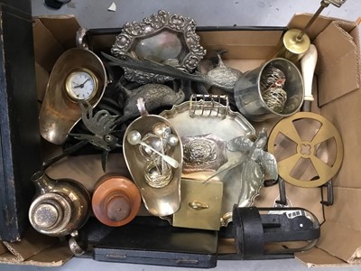 Lot 559 - Box of silver plate to include salver sauce boats, cocktail shaker and sundry items