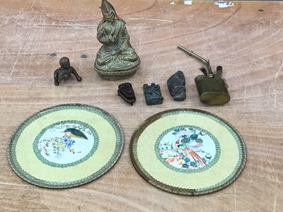 Lot 593 - Small collection of Eastern and other objects, including a bronze Buddha, two framed rice paper paintings of birds, a Chinese brass opium pipe, an Indian bronze figure of a boy, two stone carvings...