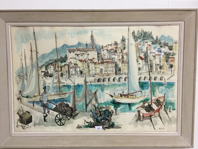 Lot 562 - Joseph Lepine (1867-1943) ink and watercolour - view of the French Town Menton, signed and inscribed, in glazed frame, 56cm x 88cm