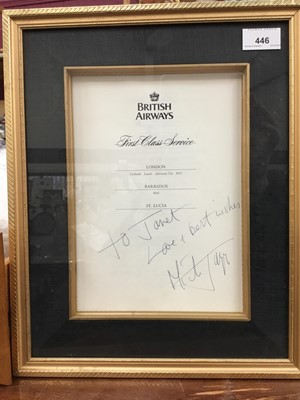 Lot 446 - Mick Jagger - autographed British Airways First Class service sheet ' To Janet love and best wishes Mick Jagger'- in glazed frame and BA retirement photograph in glazed frame (2)