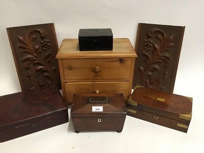 Lot 568 - Victorian brass mounted rosewood box, early 20th century tortoiseshell box, others and two carved plaques (7)